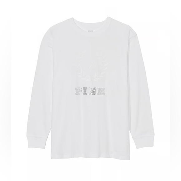VS PINK OVERSIZED LONG SLEEVE CAMPUS TEE SHIRT OPTIC WHITE SHINE BLING NWT LARGE - Picture 2 of 5